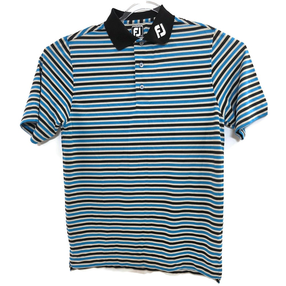 FootJoy‎ Polo Shirt Mens Medium Blue Black Stripe Athletic Fit Golf Performance